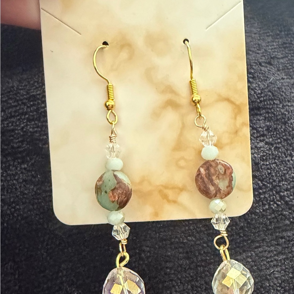 Earthy Jasper Green and Golden tone drop earrings -Gold plated